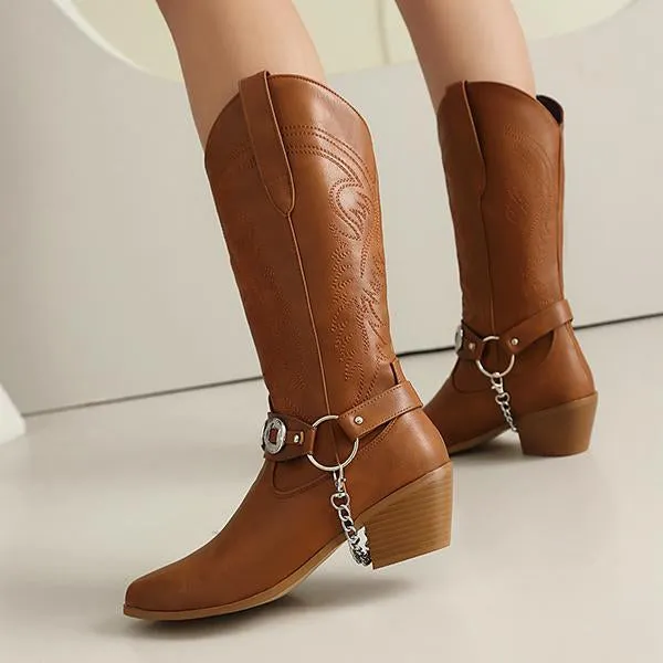 Adidas Climacool Shoe Women's Fashion Metal Buckle Chunky Heel Cowboy Boots 00949097S