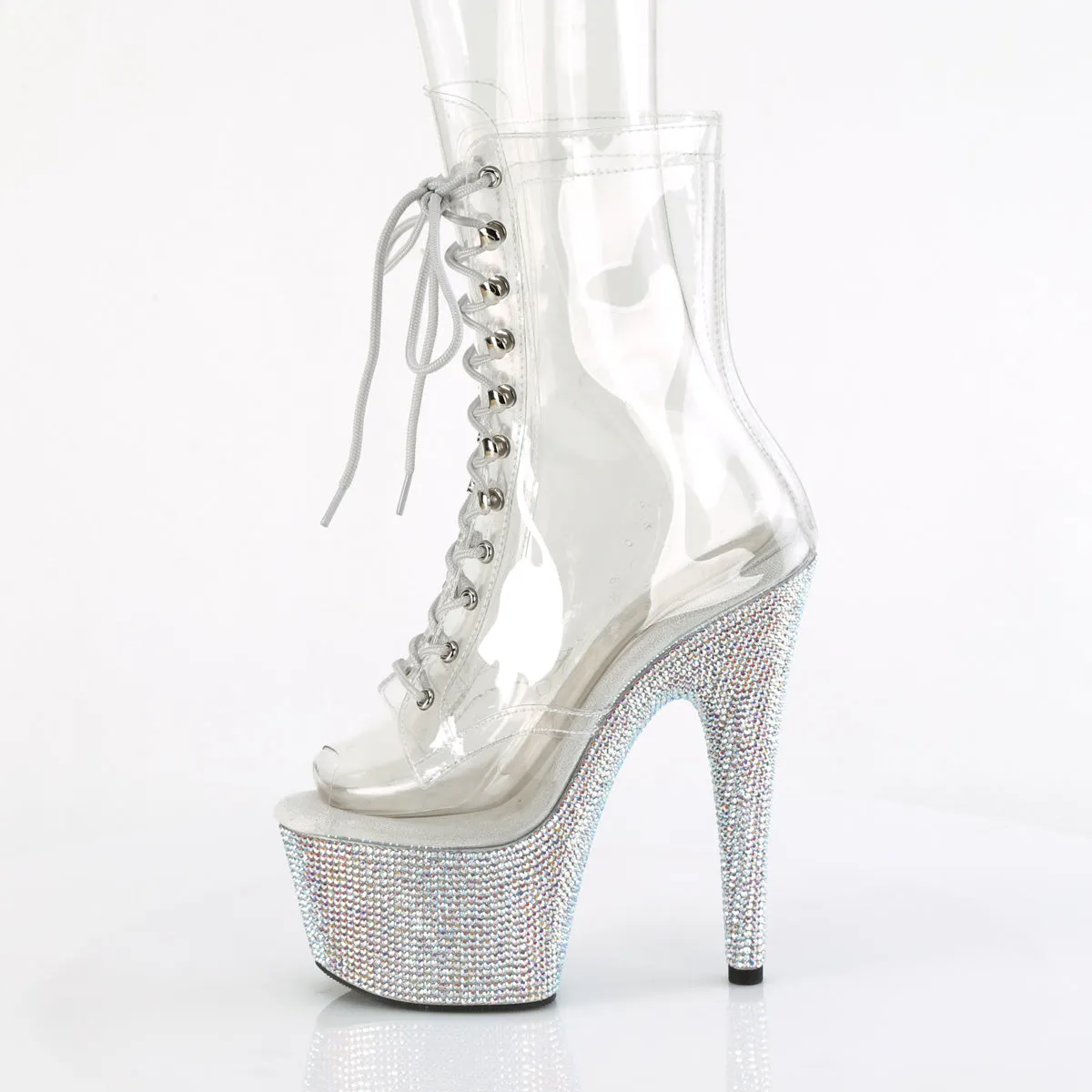 7 Inch Heel BEJEWELED-1021C-7 Clear Rhinestone Flexible Work Boots