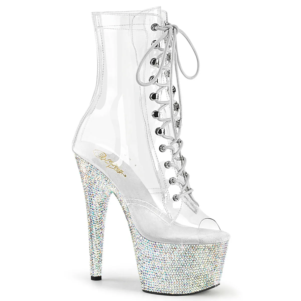 7 Inch Heel BEJEWELED-1021C-7 Clear Rhinestone Best Work Boots With Met Guard