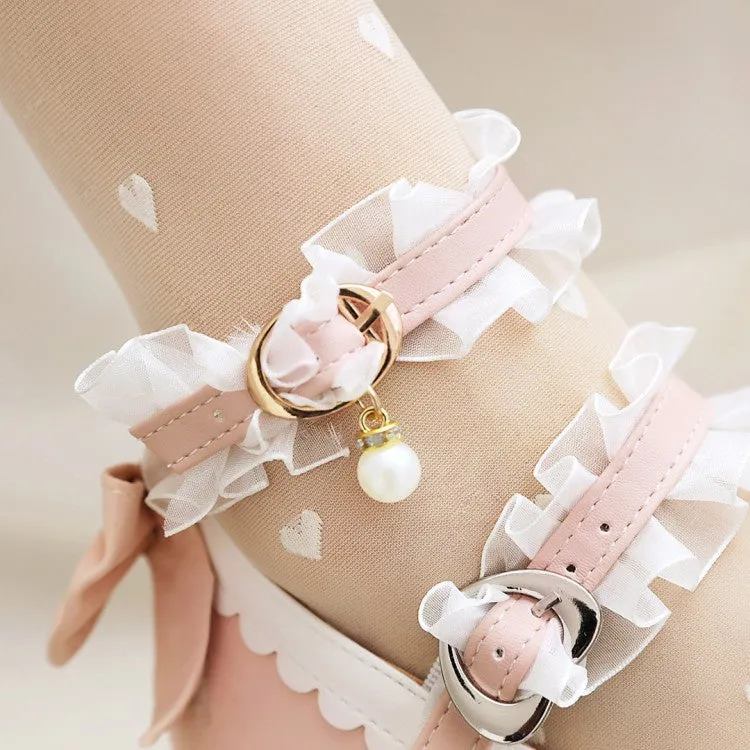 Women's Lace Buckle Chunky Heel Pumps Mary Janes Shoes with Bowtie Plantar Fasciitis High Heels