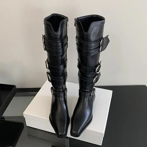 Adidas Shoes Blackpink Women's Multi-Buckle Square Toe Vintage Cowboy Boots 09157939S