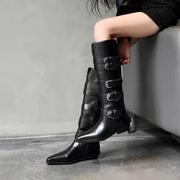 Women's Multi-Buckle Square Toe Vintage Cowboy Boots 09157939S Court Shoes Adidas