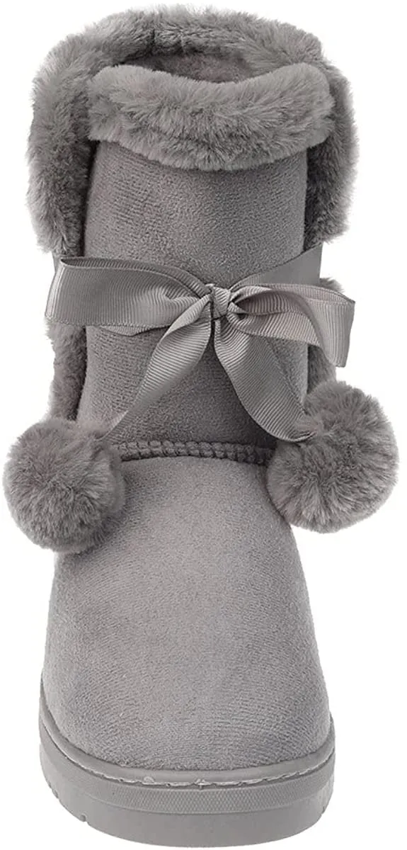 Fifth & Luxe Womens Comfortable and Warm Microsuede Winter Boot with Pom Pom Bow Charm Boots