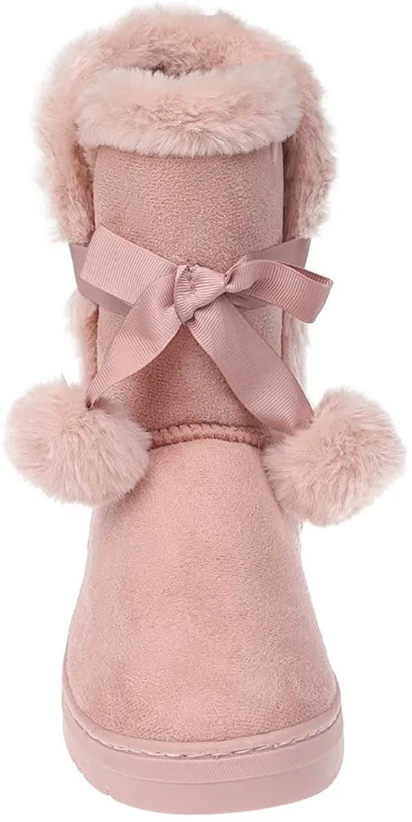 Fifth & Luxe Womens Comfortable and Warm Microsuede Winter Boot with Pom Pom Bow Ankle Heel Boots