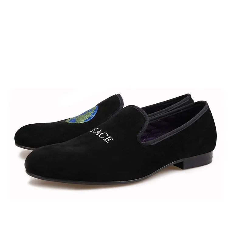 OneDrop Handmade Men Smoking Slippers Peace Velvet Embroidery Party Wedding Prom Loafers Ralph Lauren Polo Loafers