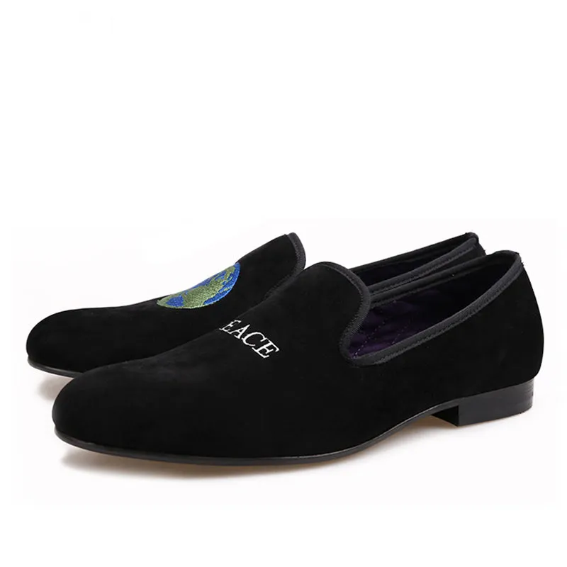 OneDrop Handmade Men Smoking Slippers Peace Velvet Embroidery Party Wedding Prom Loafers Loafers Rubber Horsebit