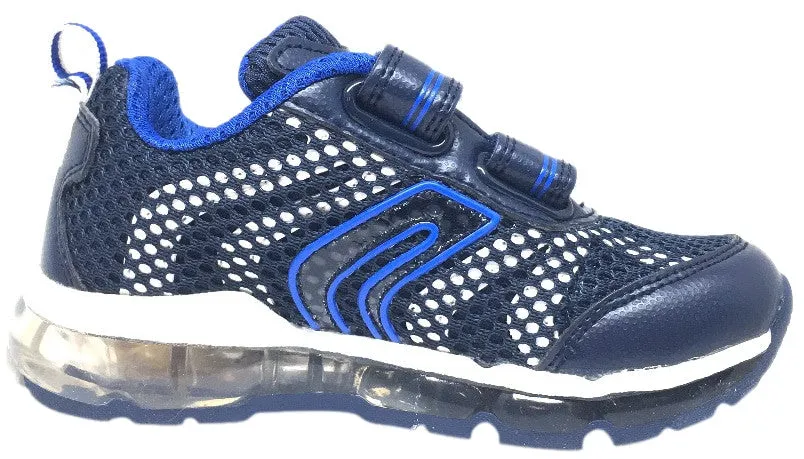 Asics Gel Cumulus Running Shoes Geox Respira Boy's Android Navy & White Mesh Light Up Double Hook and Loop Sneaker