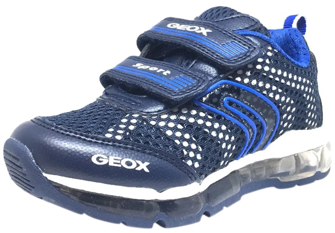 Geox Respira Boy's Android Navy & White Mesh Light Up Double Hook and Loop Sneaker Dan Gable Asics Wrestling Shoes