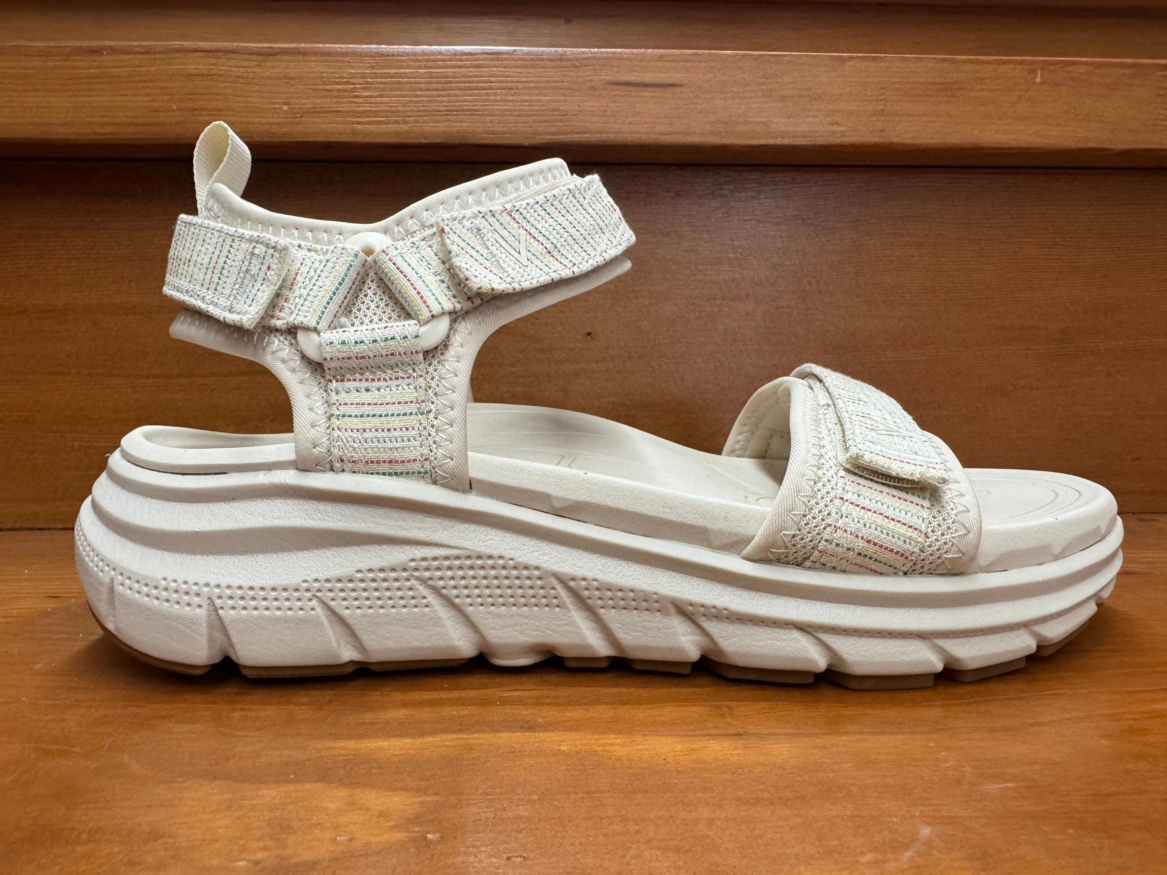 Vionic Walk Max Wanderer Sandal Cream Stripe Canvas Adjust Strap Camo Mode