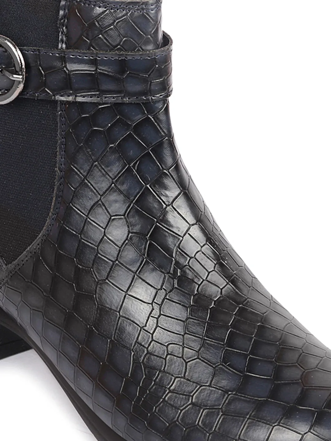 Women Navy Blue Flared Heel High Ankle Leopard Print Embossed Design Winter Buckle Strap Chelsea Boots Good Work Boots For Standing All Day