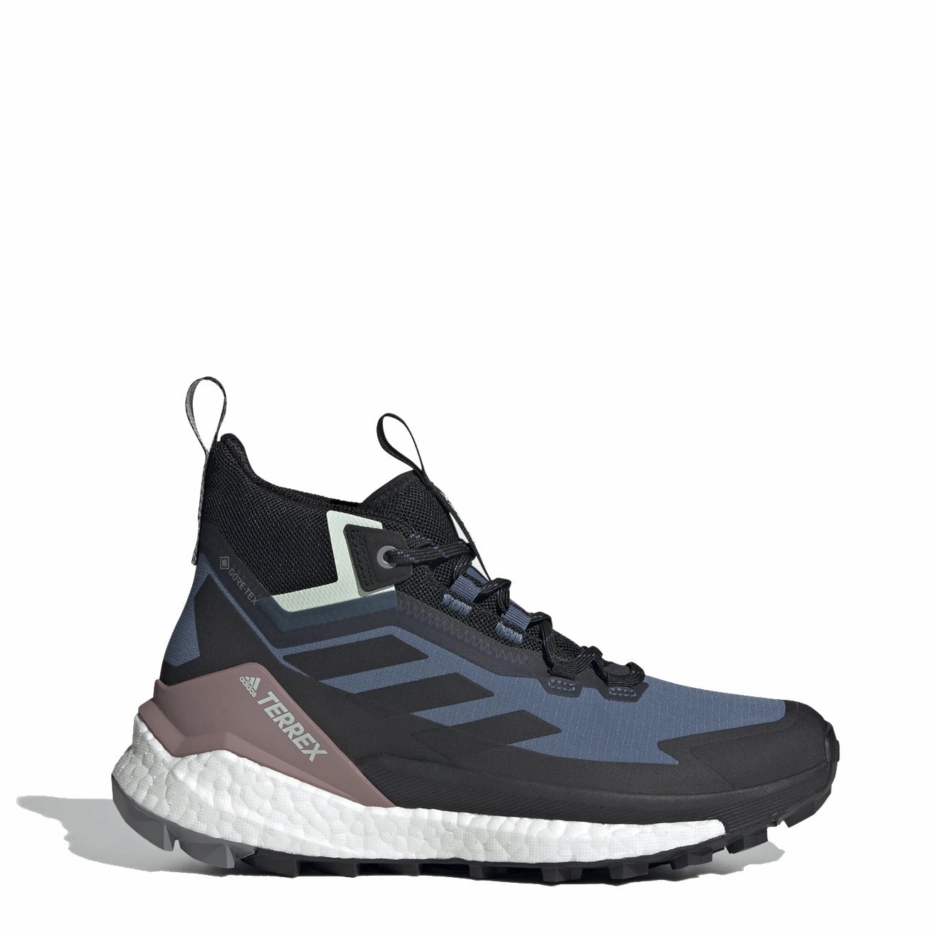 family walk with a cushioned heel Adidas Terrex Womens Free Hiker 2 Gore-Tex Hiking Shoes Wonder Steel / Core Black / Linen Green