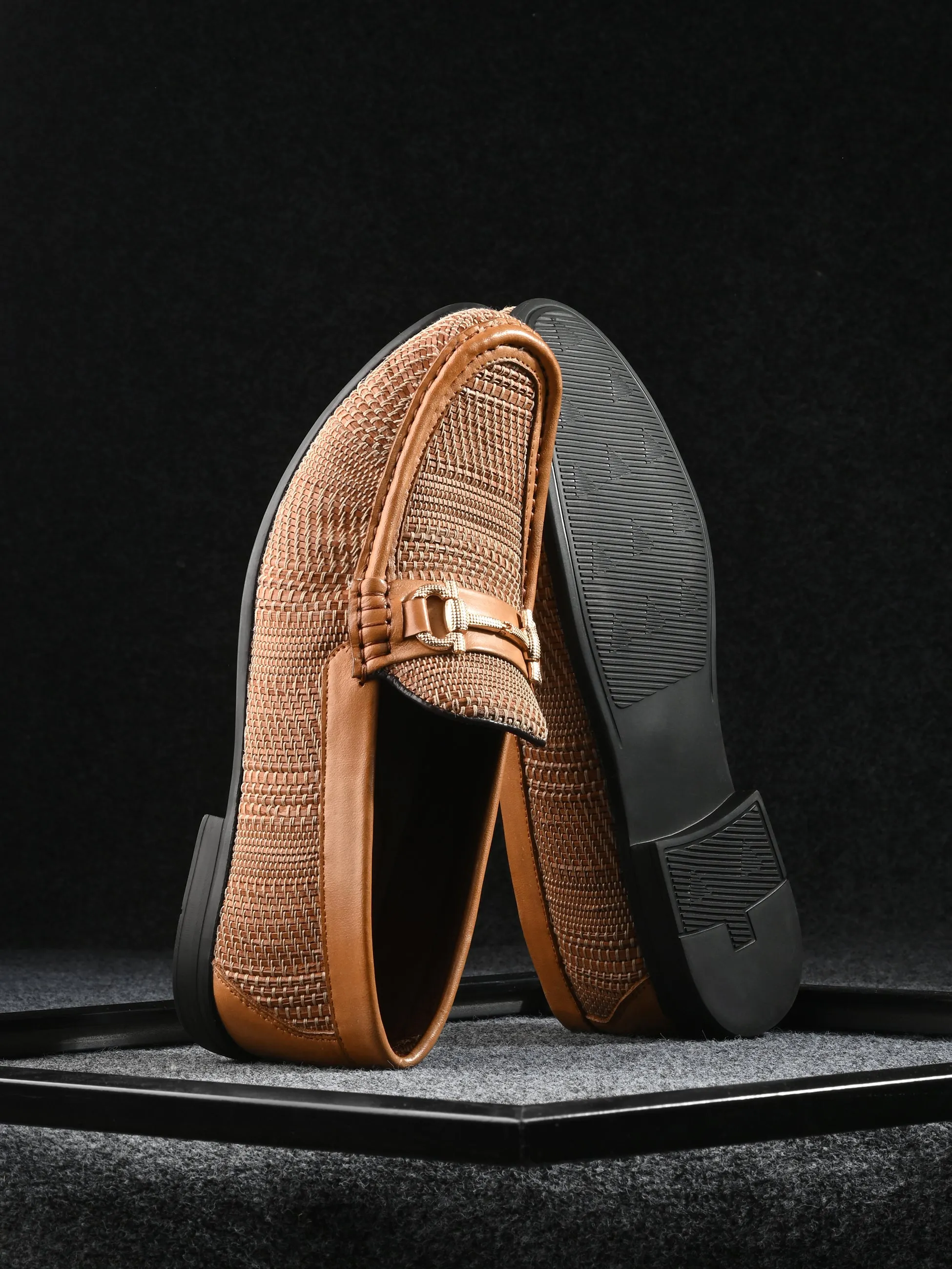 Horsebit Platform Loafers HITZ5342-Men's Tan Leather Casual Loafers