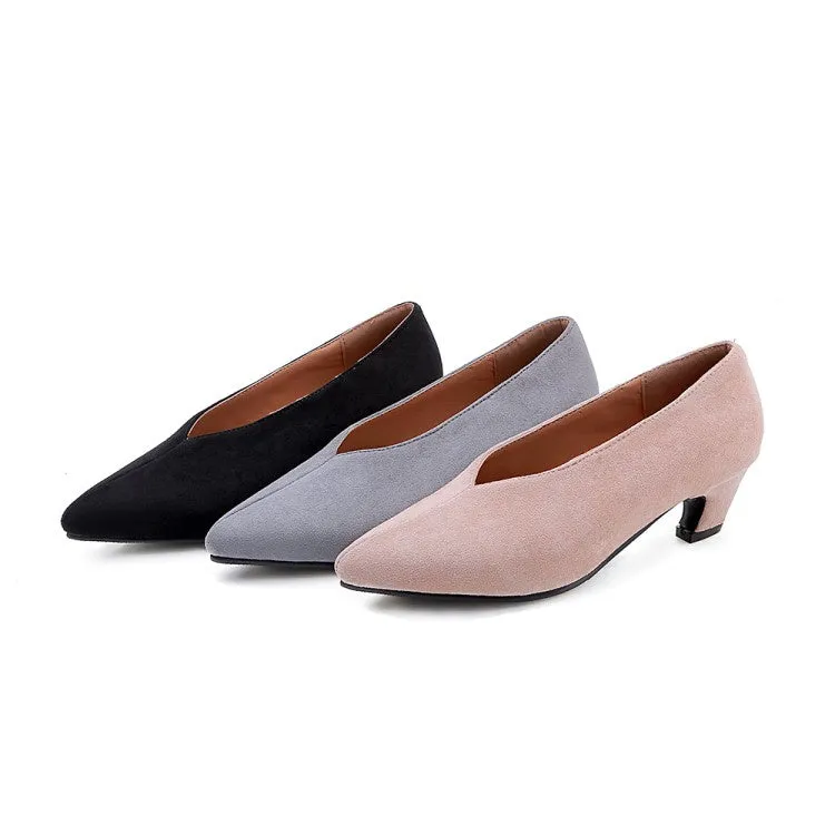 Women's Pointed Toe Suede Chunky Heels Pumps Cushion For High Heels
