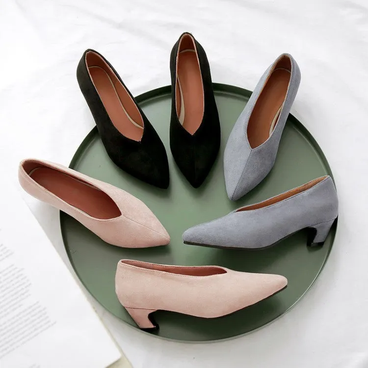 Vinyl High Heels Women's Pointed Toe Suede Chunky Heels Pumps