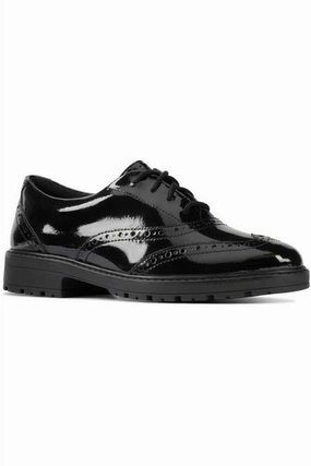 Clarks Loxham Brogue Youth black patent Roof Glow Port Glow