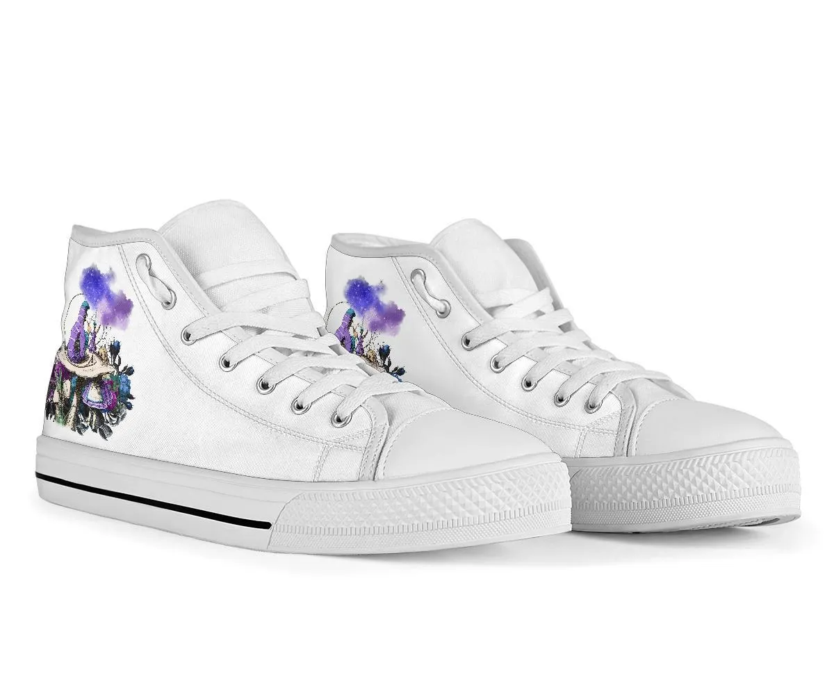 High Top Sneakers - Alice in Wonderland Gifts #21 White/Purple | Birthday Gifts, Gift Idea, Custom Sneakers Women, Custom Women's Sneakers Walking Dress Shoes