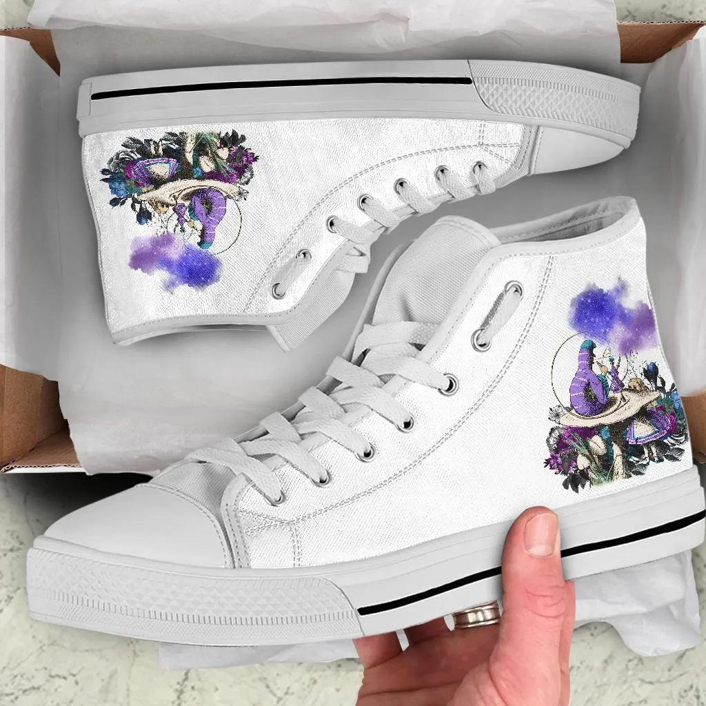Dress Shoes Wedges High Top Sneakers - Alice in Wonderland Gifts #21 White/Purple | Birthday Gifts, Gift Idea, Custom Sneakers Women, Custom Women's Sneakers