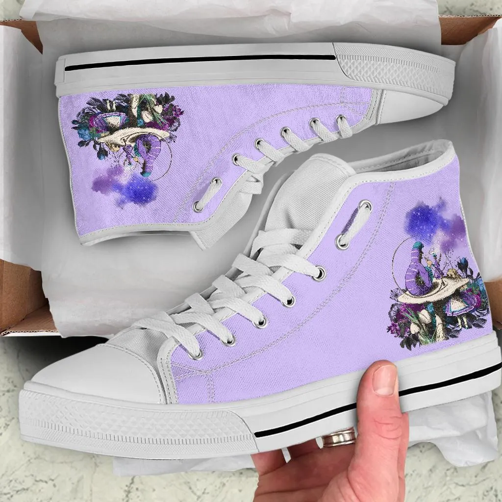 Bespoke Dress Shoes High Top Sneakers - Alice in Wonderland Gifts #21 White/Purple | Birthday Gifts, Gift Idea, Custom Sneakers Women, Custom Women's Sneakers