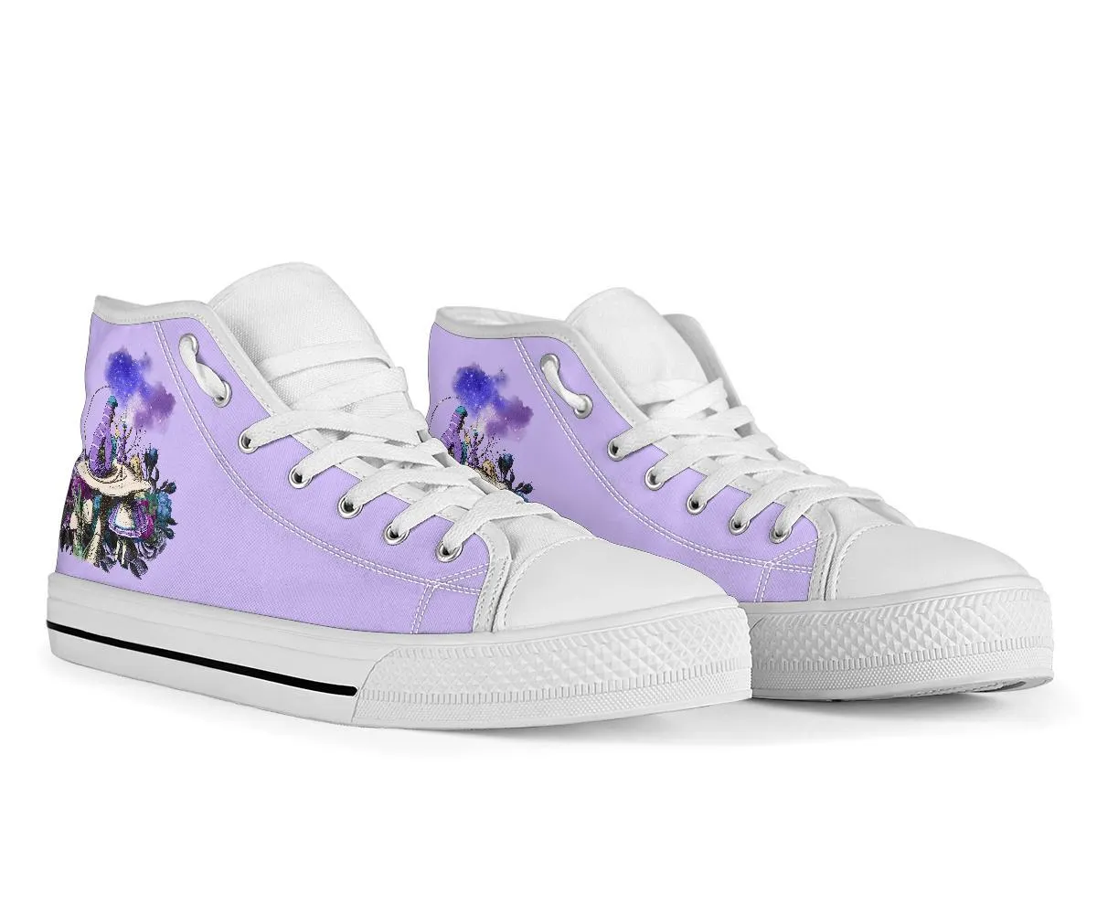 Hipster Dress Shoes High Top Sneakers - Alice in Wonderland Gifts #21 White/Purple | Birthday Gifts, Gift Idea, Custom Sneakers Women, Custom Women's Sneakers