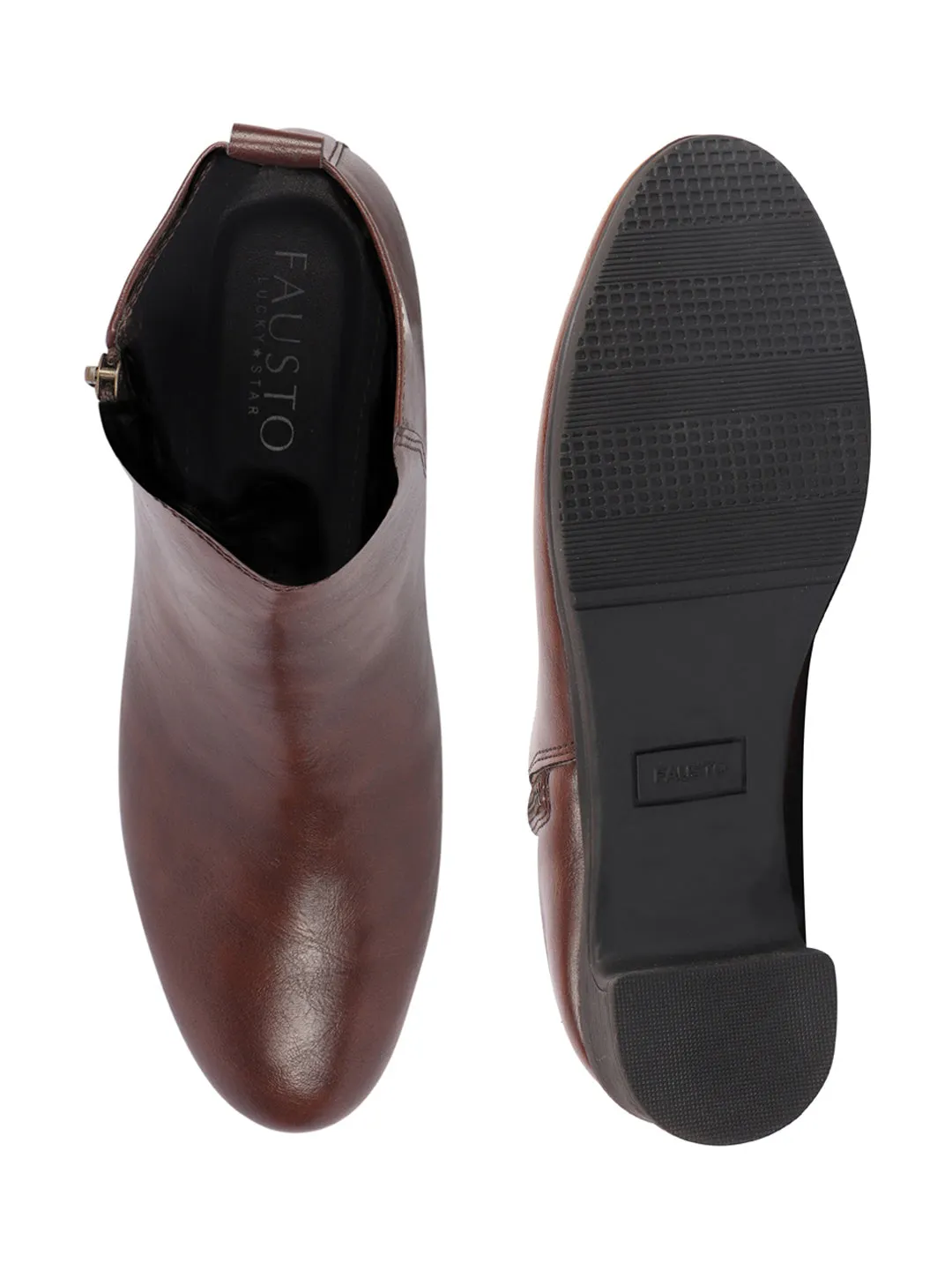 Women Brown Mid Top Flared Heel Side Zipper Winter Classic Boots Winter Work Boots Waterproof