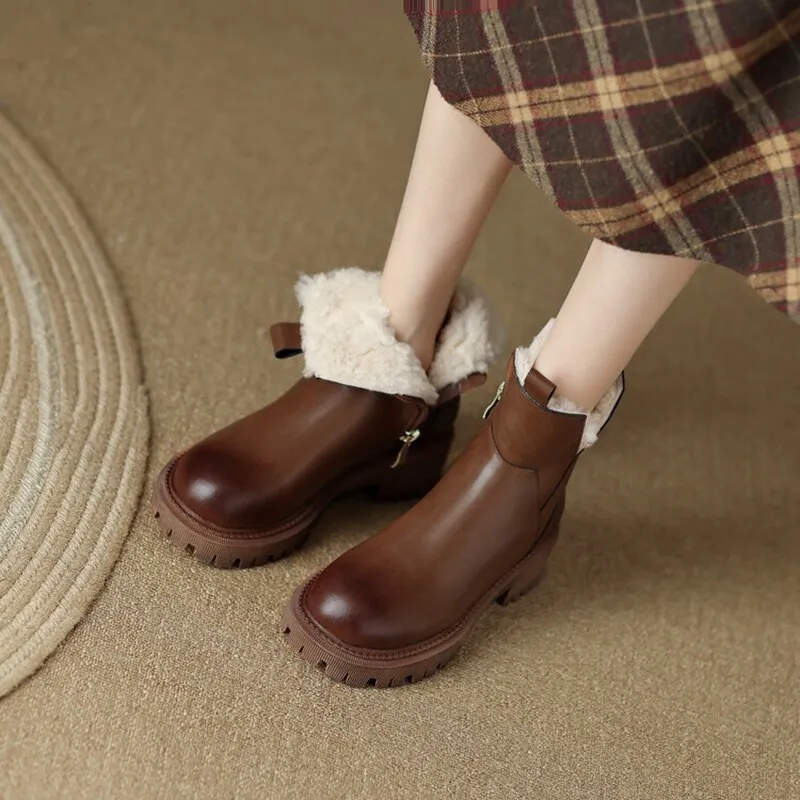 Wenkouban Autumn Boots    Winter Women Boots Round Toe Chunky Boots for Women Split leather Shoes Women Thick Heel Boots Casual Wool Warm Boots Snow Boots Snow Boot Tread