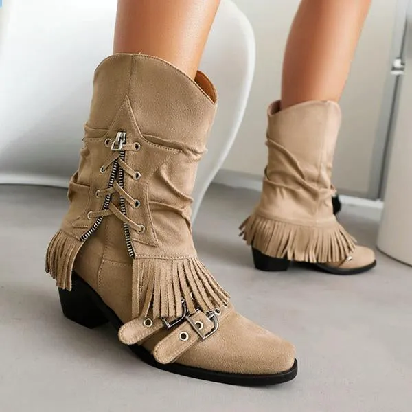 Women's Retro Thick Heel Zipper Belt Buckle Tassel Boots 68983191S Adidas Triple Cheer Shoes