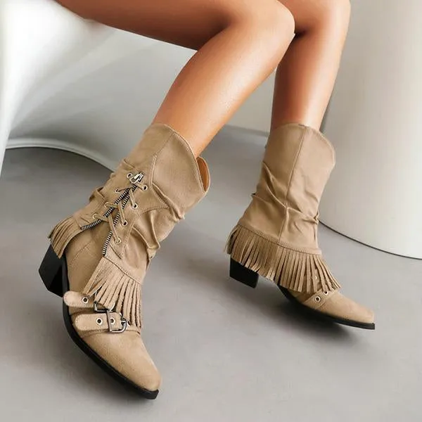 Women's Retro Thick Heel Zipper Belt Buckle Tassel Boots 68983191S Adidas Shoe Laces Style