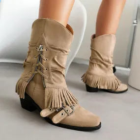 Adidas X Diesel Shoes Women's Retro Thick Heel Zipper Belt Buckle Tassel Boots 68983191S