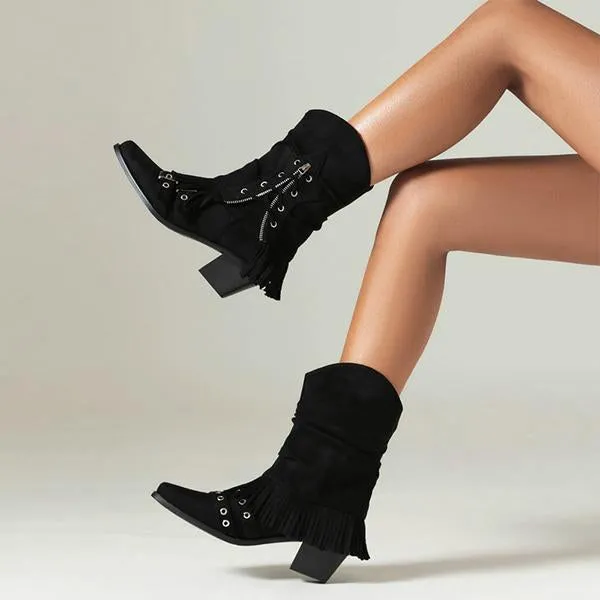 Women's Retro Thick Heel Zipper Belt Buckle Tassel Boots 68983191S Dragon Ball Adidas Shoes