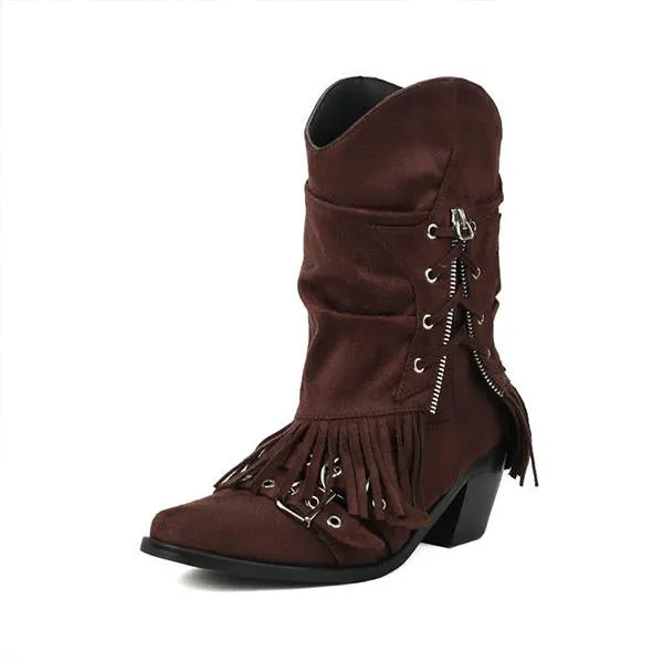 Suede Adidas Shoes Women's Retro Thick Heel Zipper Belt Buckle Tassel Boots 68983191S