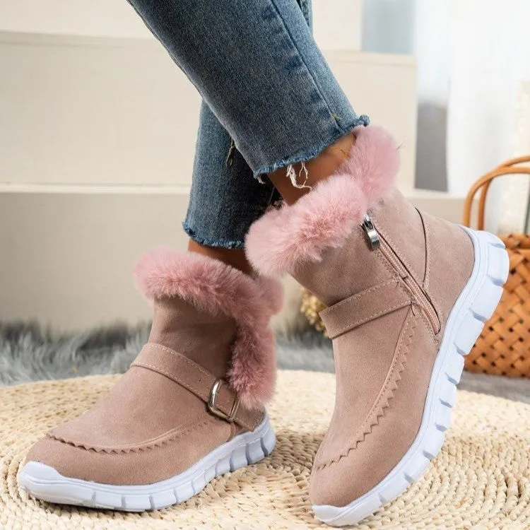Rubber Sole Snow Boots Winter Warm Plush Ankle Snow Boots for Women  Buckle Design