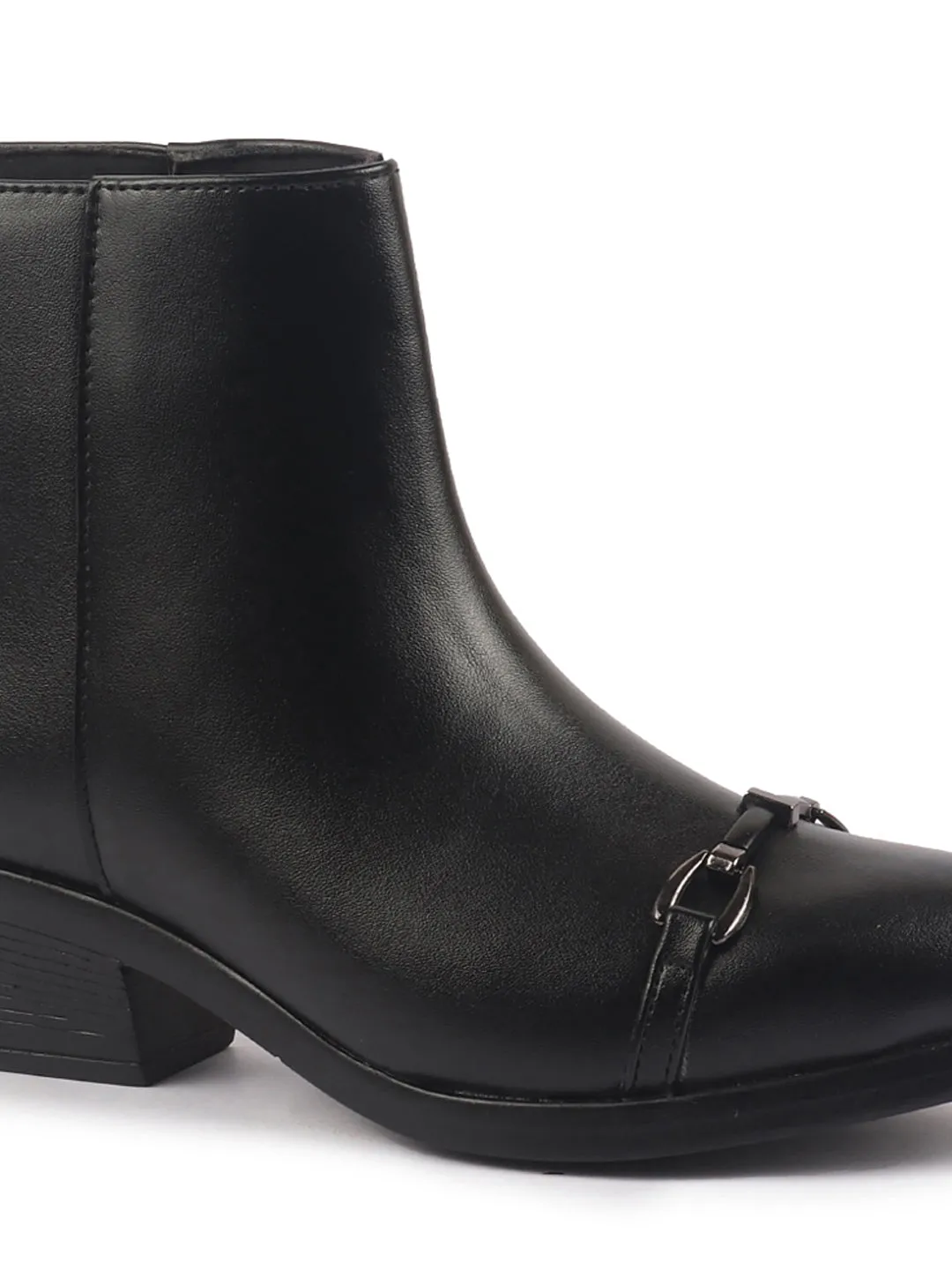 Women Black Flared Heel High Ankle Back Side Zipper Horsebit Buckle Chelsea Work Boots|Outdoor Boots|Formal Boots Best Cowboy Style Work Boots