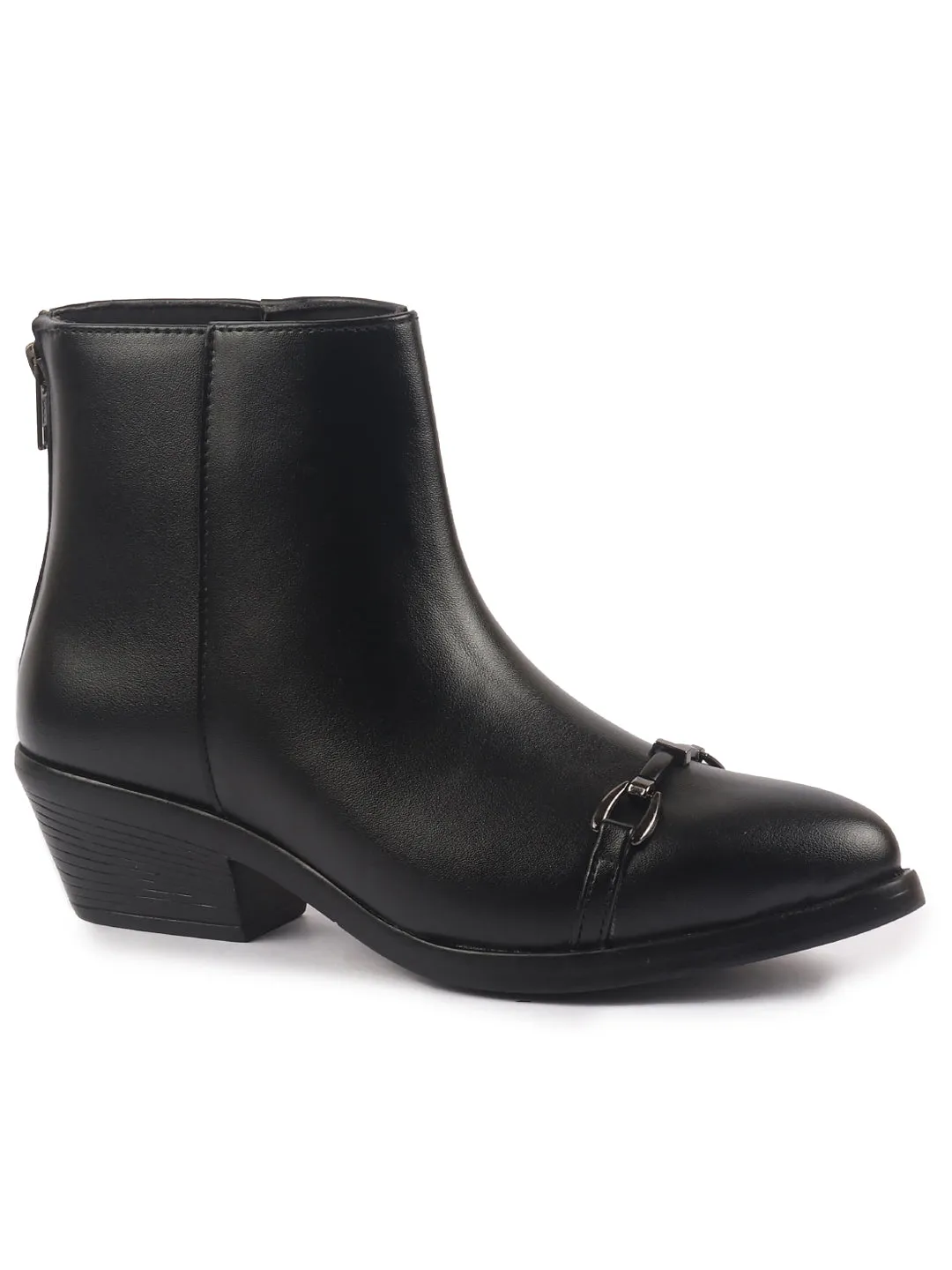 Good Cheap Steel Toe Work Boots Women Black Flared Heel High Ankle Back Side Zipper Horsebit Buckle Chelsea Work Boots|Outdoor Boots|Formal Boots