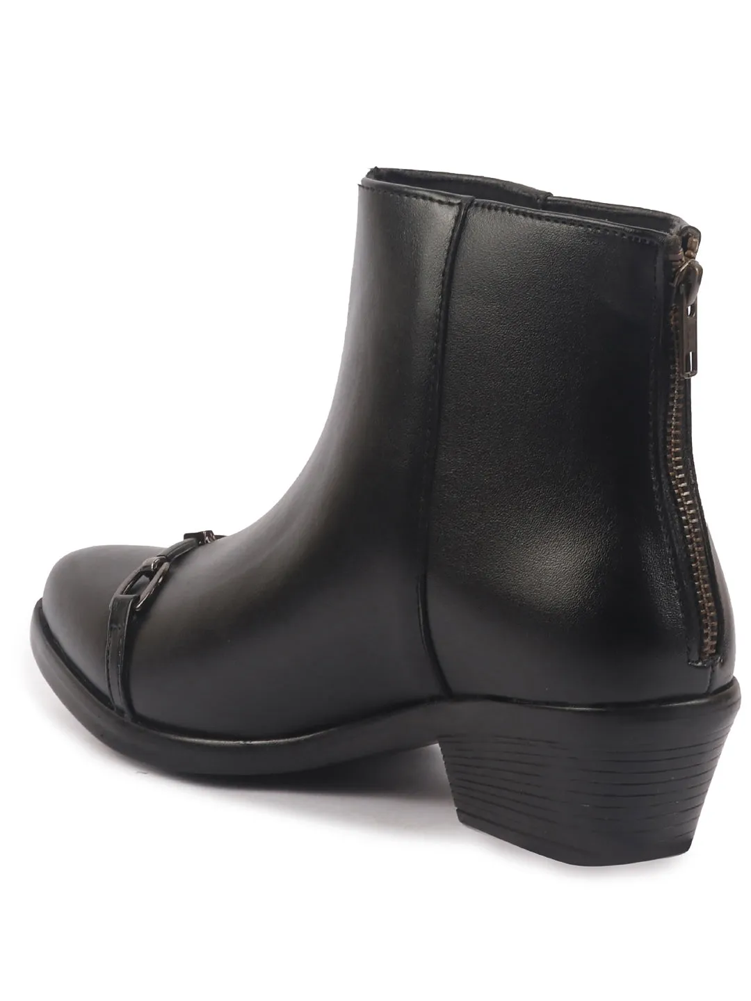 Best Casual Work Boots Women Black Flared Heel High Ankle Back Side Zipper Horsebit Buckle Chelsea Work Boots|Outdoor Boots|Formal Boots