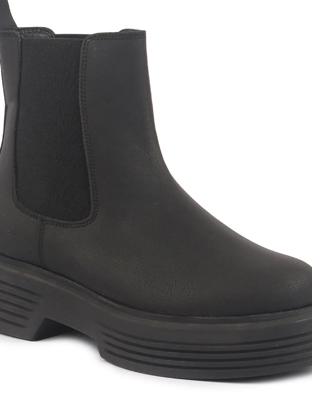 Bull Run Work Boots Women Black Height Enhancer Flared Heel High Ankle Top Winter Chelsea Boots|Work Boot|Memory Cushioned Footbed