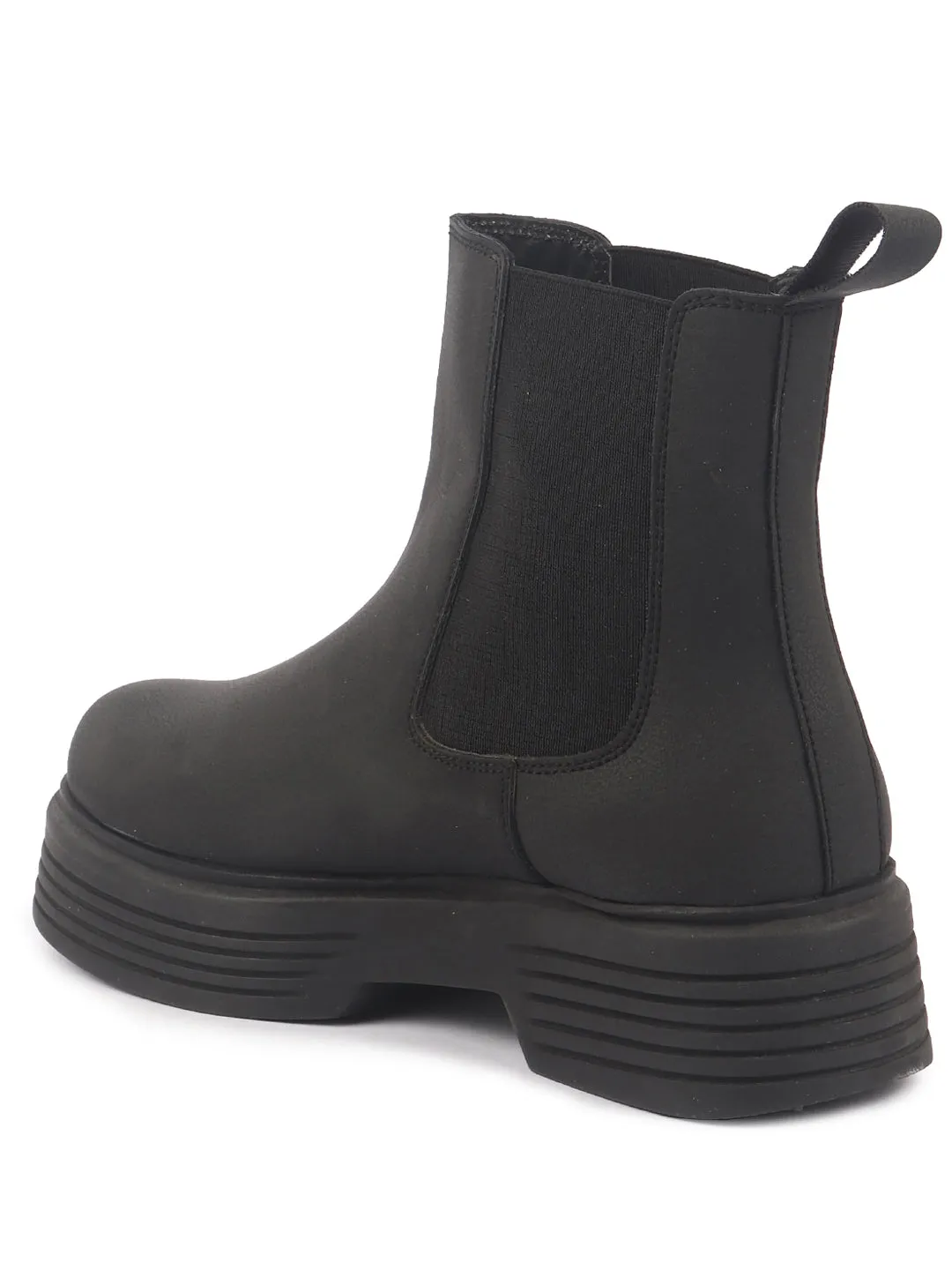 Women Black Height Enhancer Flared Heel High Ankle Top Winter Chelsea Boots|Work Boot|Memory Cushioned Footbed Best Lightweight Work Boots For Summer