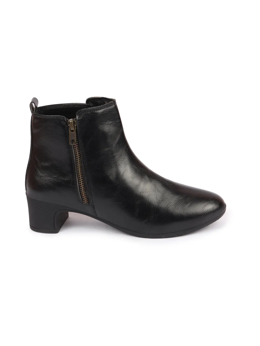 Women Black Mid Top Flared Heel Side Zipper Winter Classic Boots The Ohman Soft Toe Work Boots