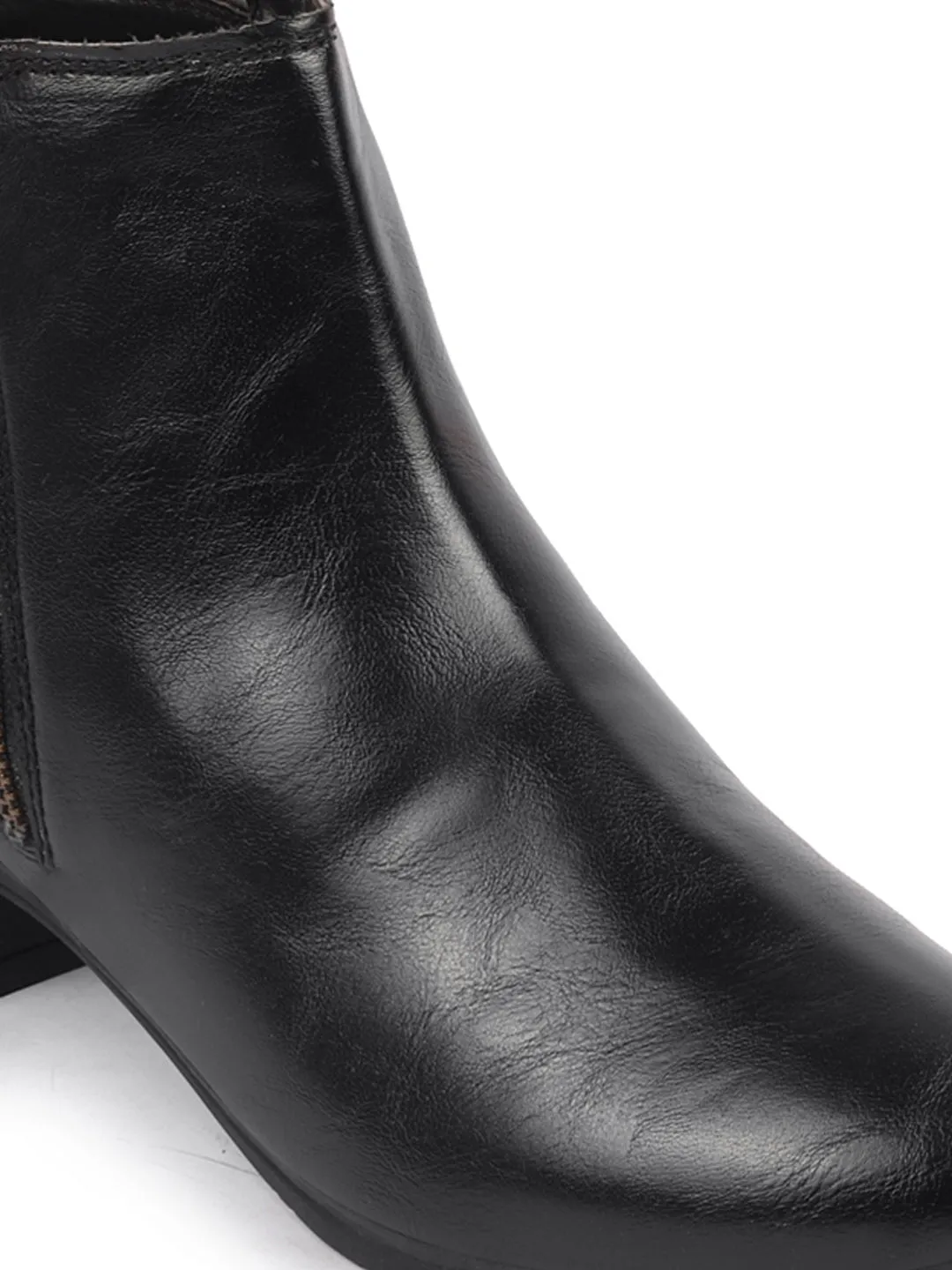 Work Boots With Toe Guard Women Black Mid Top Flared Heel Side Zipper Winter Classic Boots