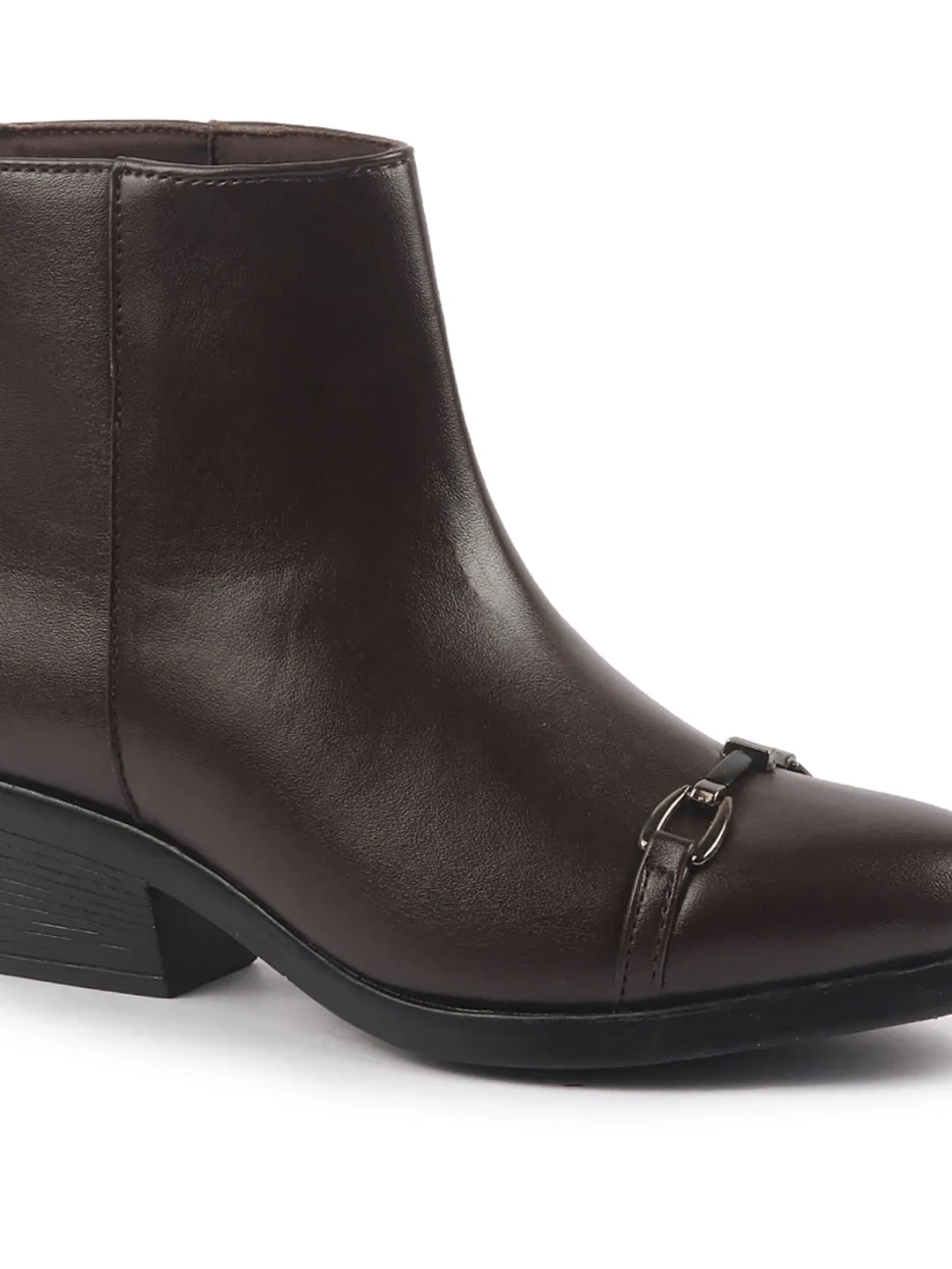 Carpenter Work Boots Women Brown Flared Heel High Ankle Back Side Zipper Horsebit Buckle Chelsea Work Boots|Outdoor Boots|Formal Boots