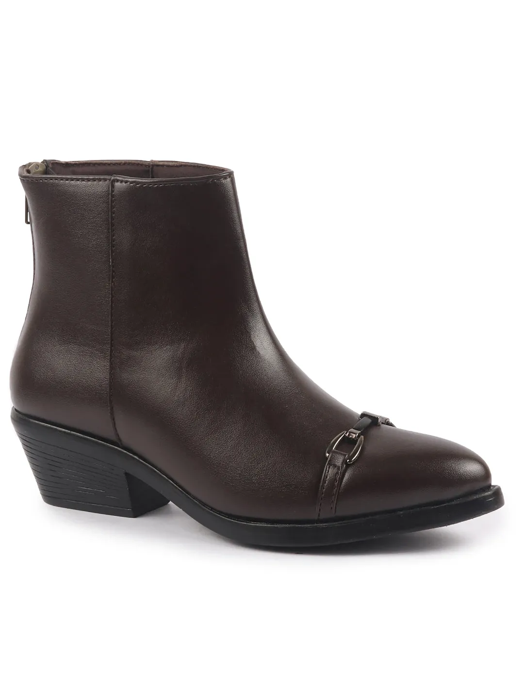 Best Work Boots Made In Usa Women Brown Flared Heel High Ankle Back Side Zipper Horsebit Buckle Chelsea Work Boots|Outdoor Boots|Formal Boots