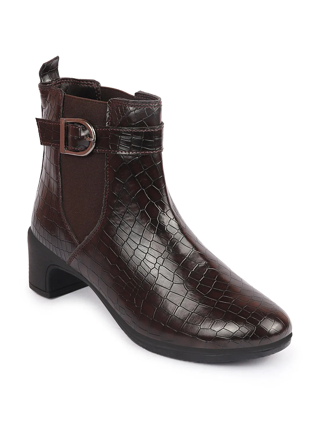 Women Brown Flared Heel High Ankle Leopard Print Embossed Design Winter Buckle Strap Chelsea Boots Steel Toe Work Boots On Sale