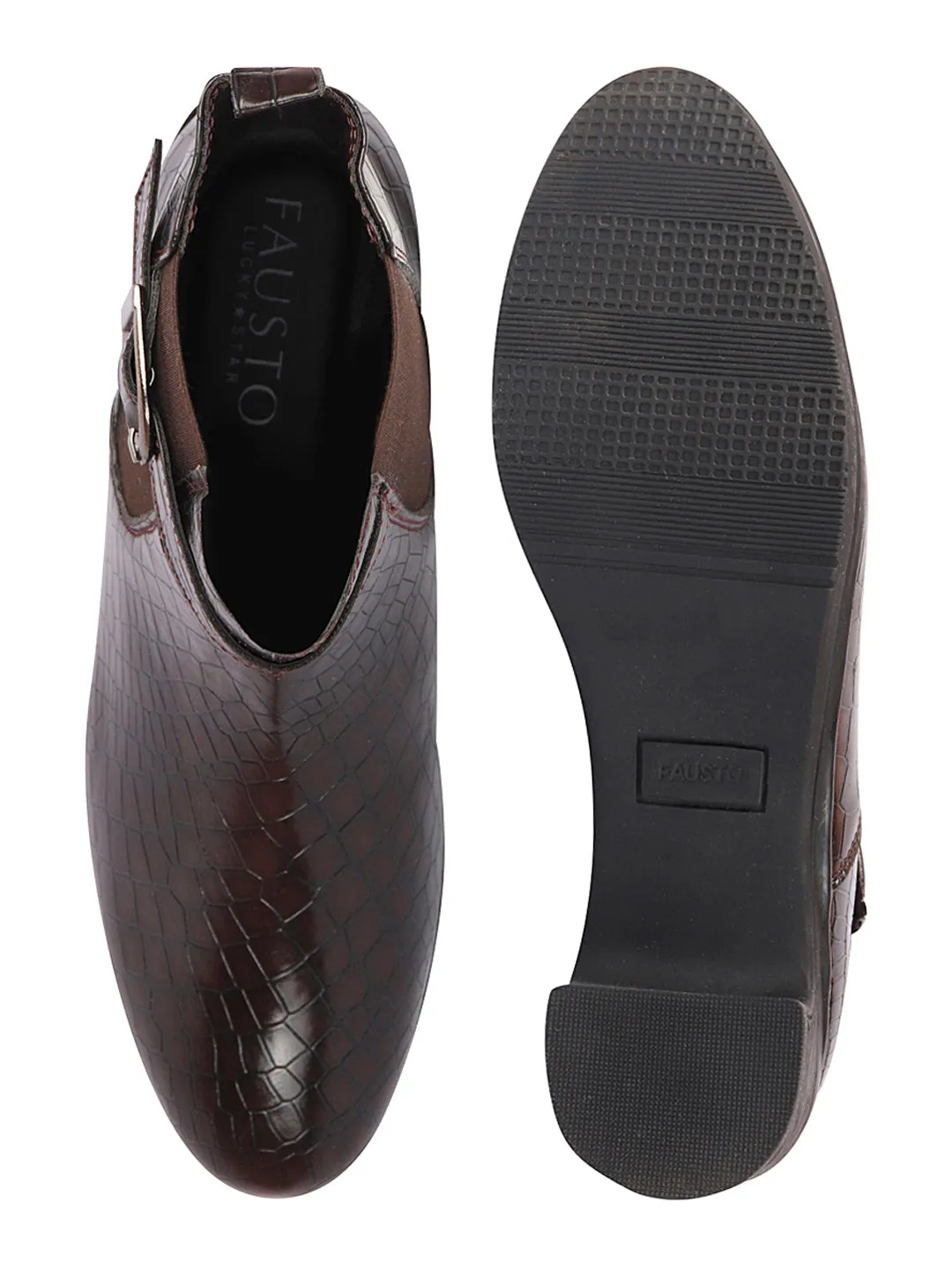 Best Work Boots For Firefighters Women Brown Flared Heel High Ankle Leopard Print Embossed Design Winter Buckle Strap Chelsea Boots