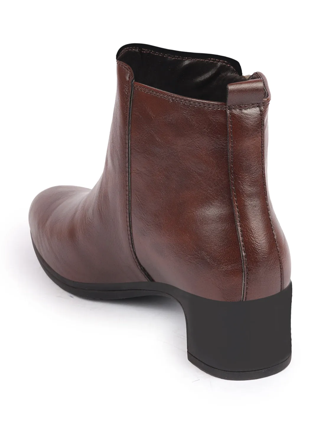 Women Brown Mid Top Flared Heel Side Zipper Winter Classic Boots Square Work Boots