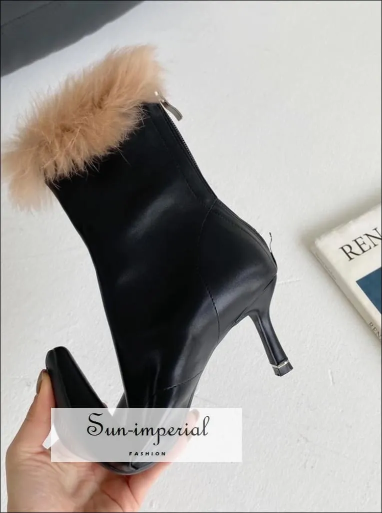 Top 10 Best Orthopedic Work Boots Women Brown Pointed Toe Ankle Boots with thin High Heels back Zipper and Brown Fur detail Booties