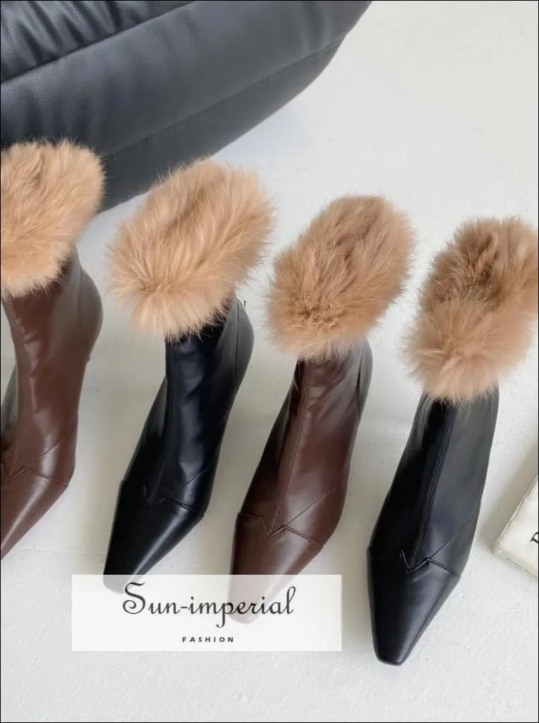 English Work Boots Women Brown Pointed Toe Ankle Boots with thin High Heels back Zipper and Brown Fur detail Booties
