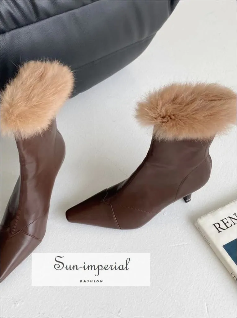 Women Brown Pointed Toe Ankle Boots with thin High Heels back Zipper and Brown Fur detail Booties Top Rated Work Boots