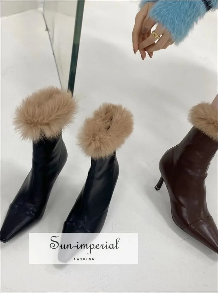 Women Brown Pointed Toe Ankle Boots with thin High Heels back Zipper and Brown Fur detail Booties Work Boots For Hiking