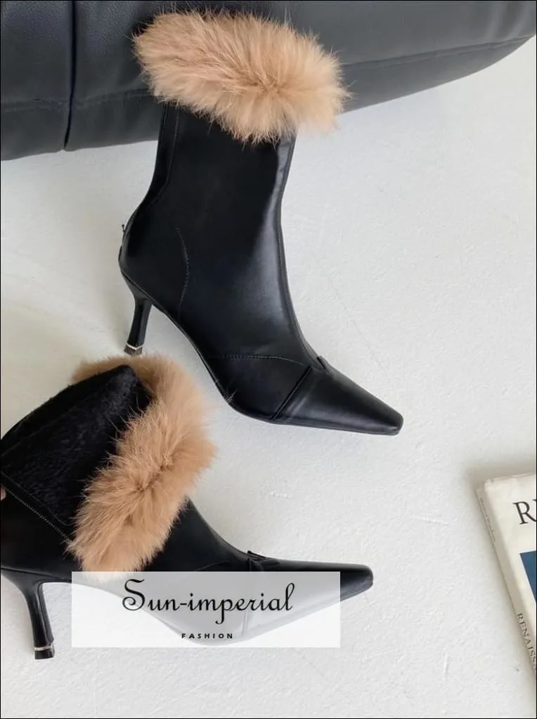 Women Brown Pointed Toe Ankle Boots with thin High Heels back Zipper and Brown Fur detail Booties Best Work Boots In The World