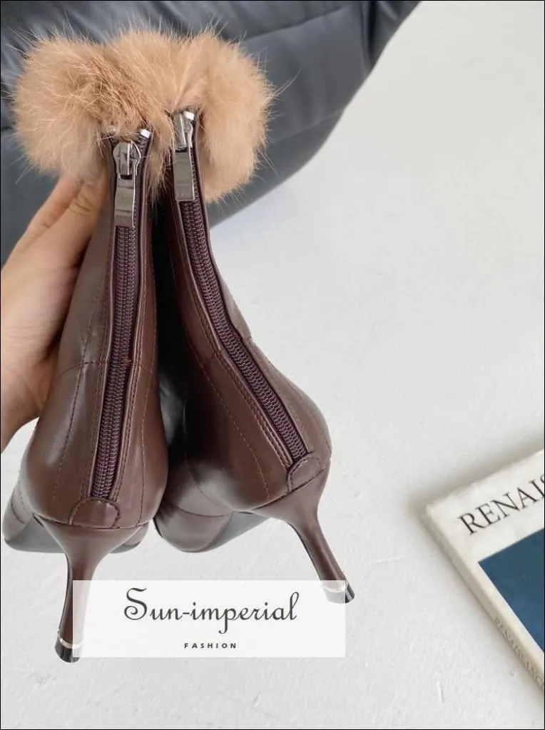 Women Brown Pointed Toe Ankle Boots with thin High Heels back Zipper and Brown Fur detail Booties Cheap Steel Toe Work Boots
