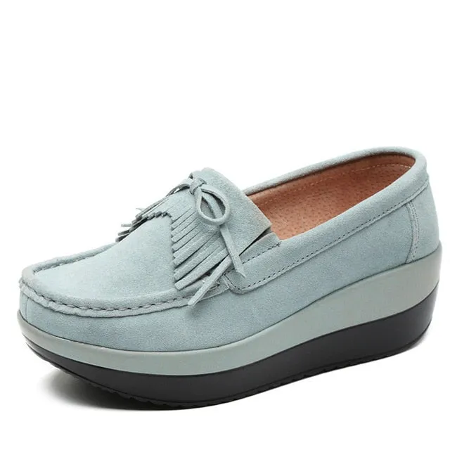 Women Flats Platform Loafers Ladies Elegant Genuine Leather Moccasins Shoes Woman Straw Loafers